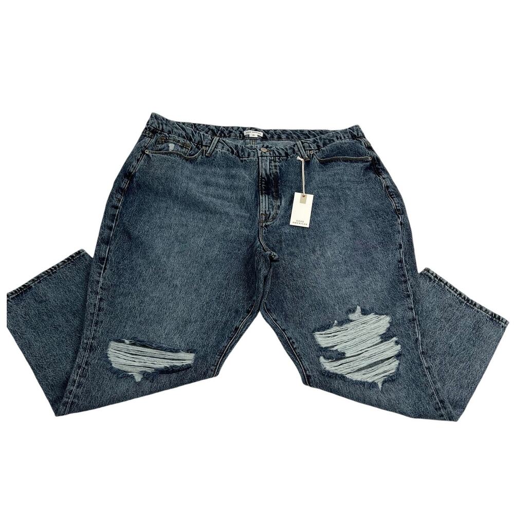 Good American Plus 20 Classic Slim Straight Distressed Denim Blue High Rise‎ NWT
